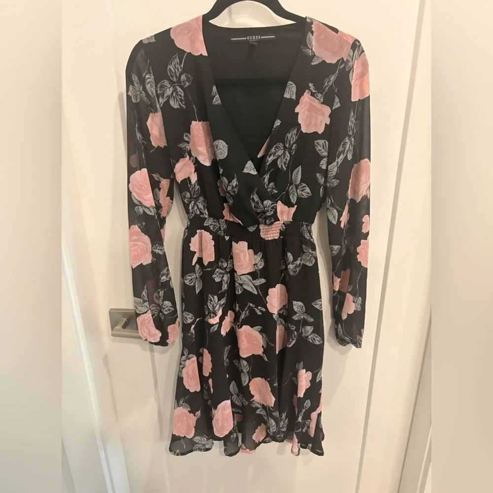 GUESS FLORAL PINK AND BLACK DRESS - Picture 2 of 7